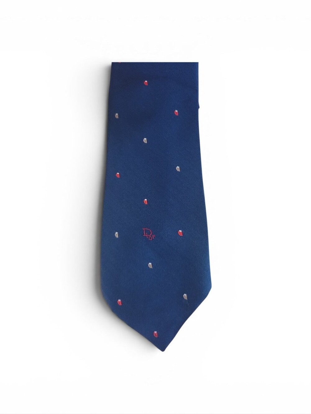 Vintage Christian Dior Navy Blue Tie Logo Silk Blend Made USA Woven Italy